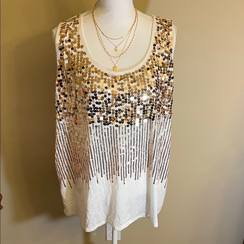 George Gold and White Sequin Tank Top